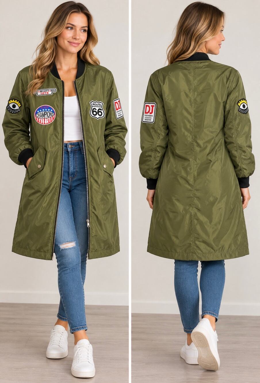 Coco Jolie Olive Green Longline Bomber Jacket Patch Utility Moto Streetwear L
